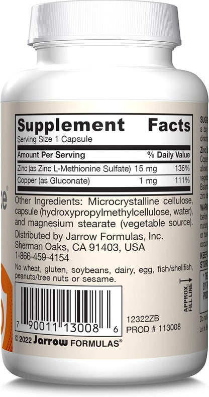 Jarrow Formulas Zinc Balance 15 mg - 100 Servings (Veggie Caps) Includes Copper Essential Mineral for Immune System Support - Immune Support Supp - Gluten Free Zinc Copper Supp - Vegan, Pack of 12