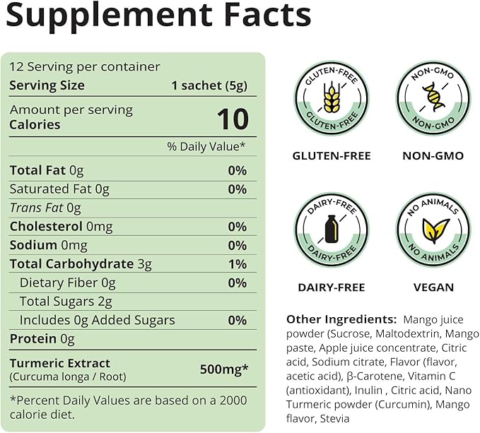 Nano Turmeric Curcumin Drink Powder with Vitamin C Wellness Immunity Shots– Instant Drink Mix Packets, Tasty Mango Flavor – 35X Absorption – Joint Support & Immune Boost Supplement