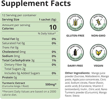 Nano Turmeric Curcumin Drink Powder with Vitamin C Wellness Immunity Shots– Instant Drink Mix Packets, Tasty Mango Flavor – 35X Absorption – Joint Support & Immune Boost Supplement