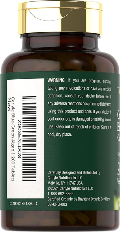 Carlyle Chlorella Blue Green Algae 250mg | 200 Tablets | Vegetarian, Non-GMO, Gluten Free Supplement | Tahoe Nutritionals