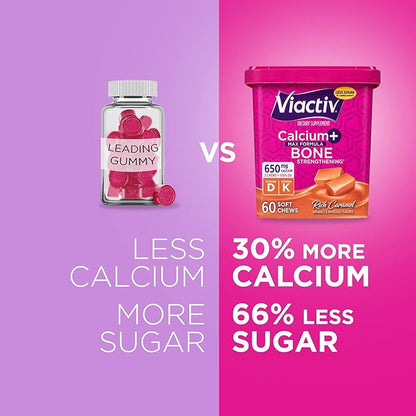 Viactiv Calcium +Vitamin D3 Supplement Soft Chews, Caramel, 60 Chews - Calcium Dietary Supplement for Bone Health