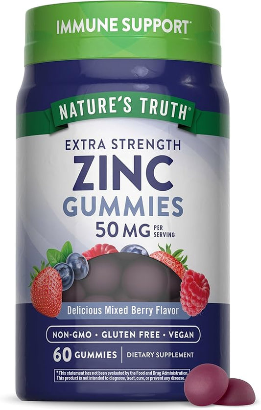 Nature's Truth Zinc Gummies for Adults | 50 mg | 60 Count | Vegan, Non-GMO & Gluten Free Extra Strength Supplement | Mixed Berry Flavor