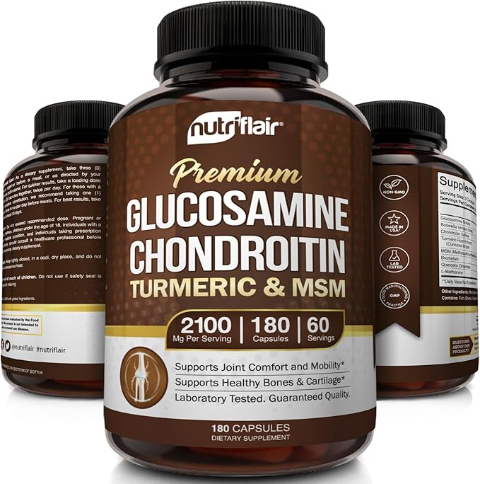 NutriFlair Glucosamine Chondroitin Turmeric MSM Boswellia, 180 Capsules - Joint Comfort Supplement - Natural & Non-GMO - Antioxidant Pills - Supports Back, Knees, Hands, Joints, Cartilage