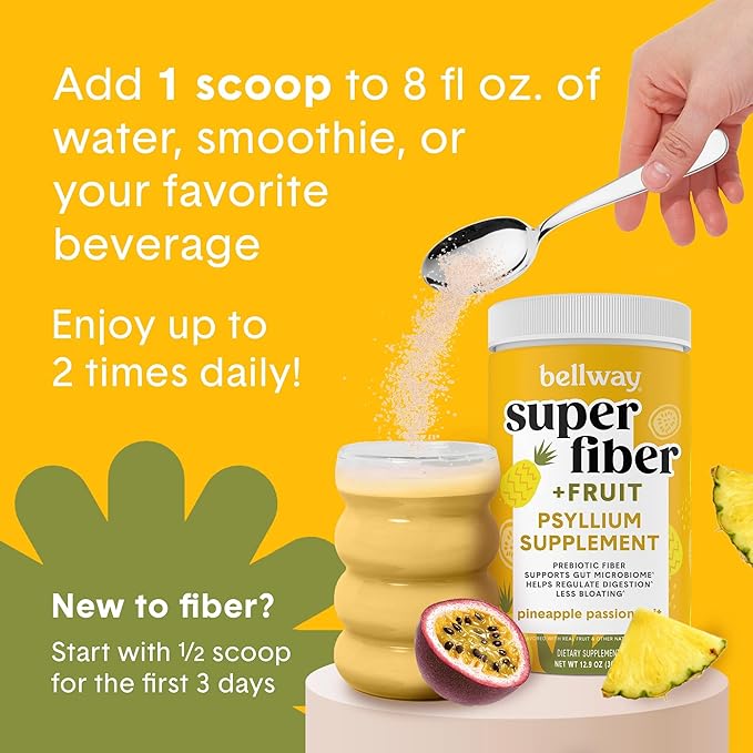 Bellway Super Fiber Powder + Fruit, Sugar Free Organic Psyllium Husk Powder Fiber Supplement for Regularity, Bloating Relief & Gut Health, Non-GMO, Plant-Based, Pineapple Passion Fruit (50 Servings)