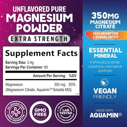 Magnesium Powder Supplement with Magnesium Citrate & Aquamin Magnesium - Magnesium Citrate Powder Drink Mix Unflavored - Bone, Heart & Muscle Support, Sugar Free, Gluten Free, Vegan - 60 Servings