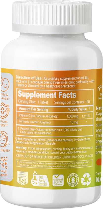 Buffered Vitamin C 1000 mg with Organic Turmeric - Antioxidant & Immune Support - Healthy Skin & Joints - Gluten & Dairy Free - 120 Vegan Capsules, 120 Day Supply