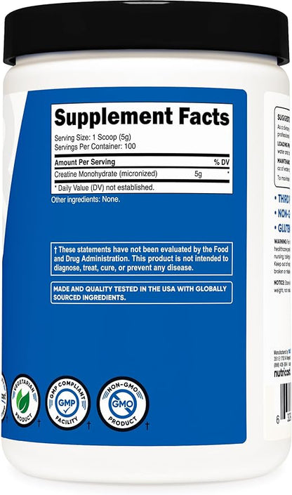Nutricost Creatine Monohydrate Micronized Powder 500G, 5000mg Per Serv (5g) - 100 Servings, 17.9 Oz