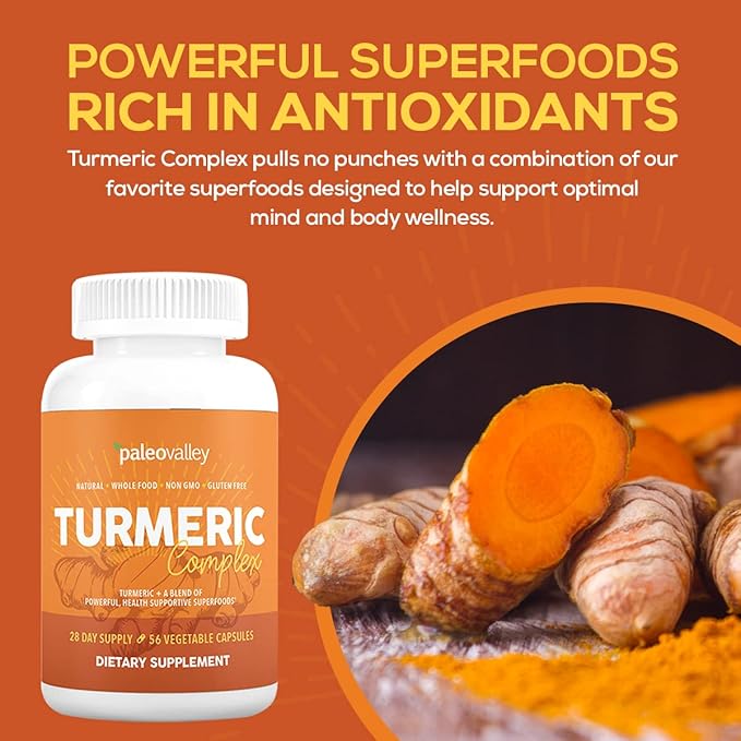 Paleovalley - Organic Turmeric Complex - Full Spectrum Organic Turmeric with Health-Supportive Superfoods - 56 Vegetarian Capsules - Support Joints, Immunity, Brain and Heart Health