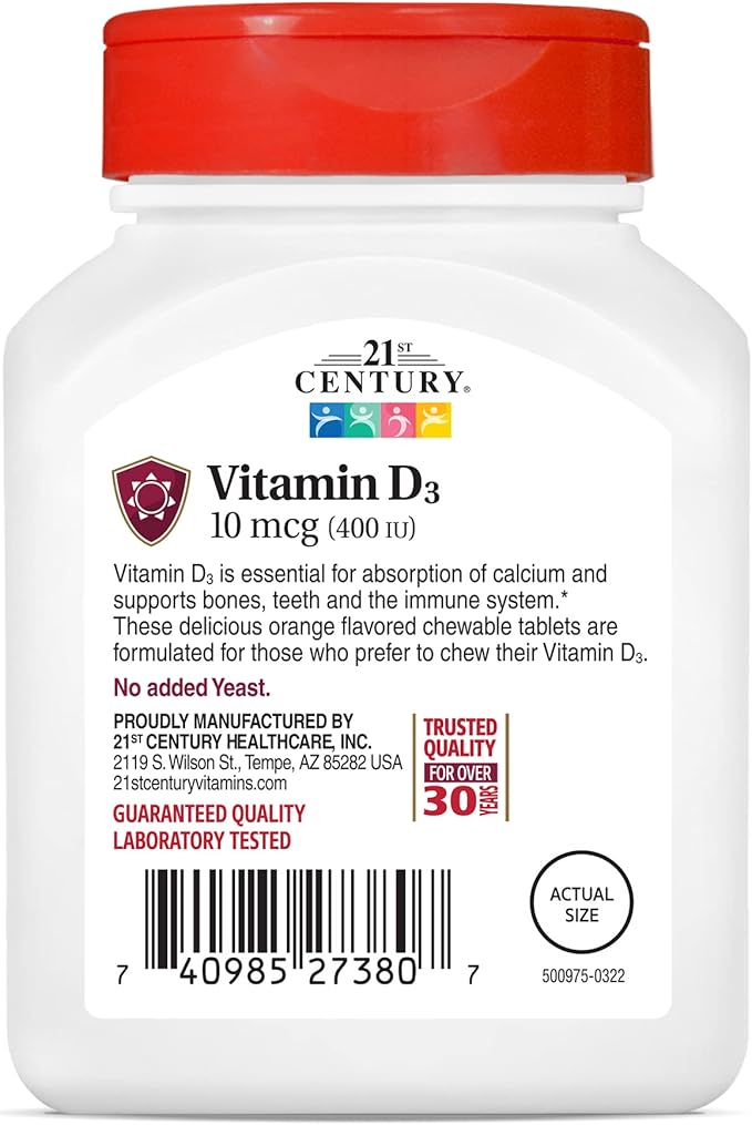 21st Century D3 400 IU Orange Chewable Tablets, Gluten Free, 110 Count (Pack of 3)