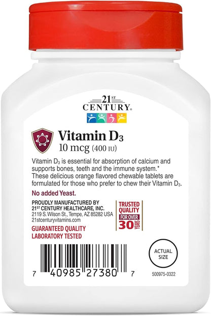 21st Century D3 400 IU Orange Chewable Tablets, Gluten Free, 110 Count (Pack of 3)
