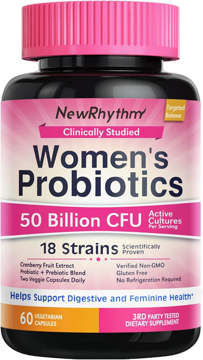 NewRhythm Women's Probiotics, Organic Cranberry for Women's Vaginal Health, 50 Billion CFU 18 Strains, Probiotics and Prebiotics, Support Digestive Health, 60 Vegan Capsules