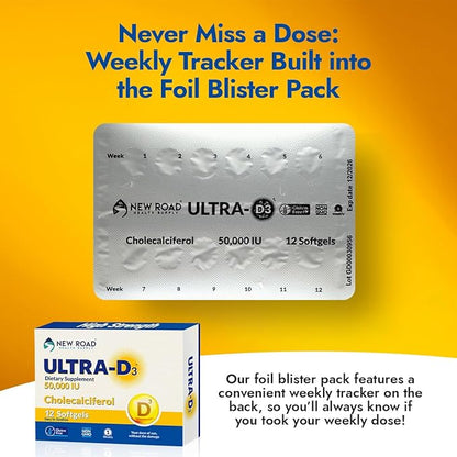 New Road Health Supply - Vitamin D 50000 IU, Once Weekly Dose, Easy to Swallow Vitamin D Softgel for Bones, Teeth, and Immune Support, Gluten Free, 12 Count, Pack of 3