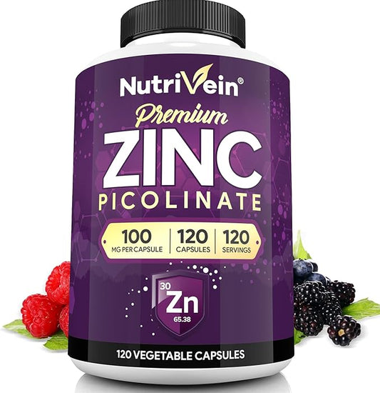 Nutrivein Premium Zinc Picolinate 100mg - 120 Capsules: High-Absorption Zinc Picolinate Supplements - Essential Nourishment for Overall Wellness - Max Bioavailability