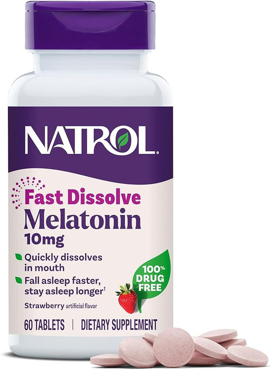 Natrol Fast Dissolve Melatonin 10 mg, Melatonin Supplements for Restful Sleep, Sleep Support for Adults, 60 Strawberry-Flavored Tablets, Up to a 60 Day Supply