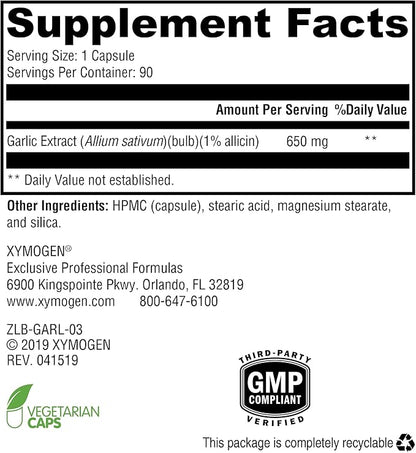 XYMOGEN GarliX - Ultra-Concentrated Garlic Supplement with Allicin + Alliin to Support Antioxidant Activity, Cardiovascular + Immune Health (90 Capsules)