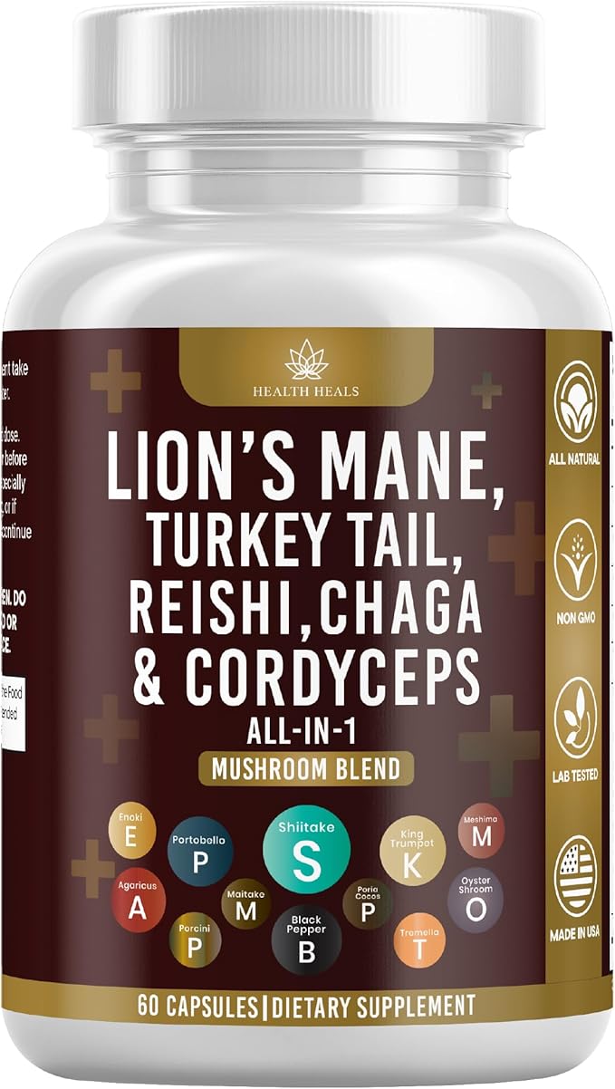 Mushroom Supplement with Lion's Mane Turkey Tail Reishi Cordyceps Chaga Marshmallow Root - 60 Count
