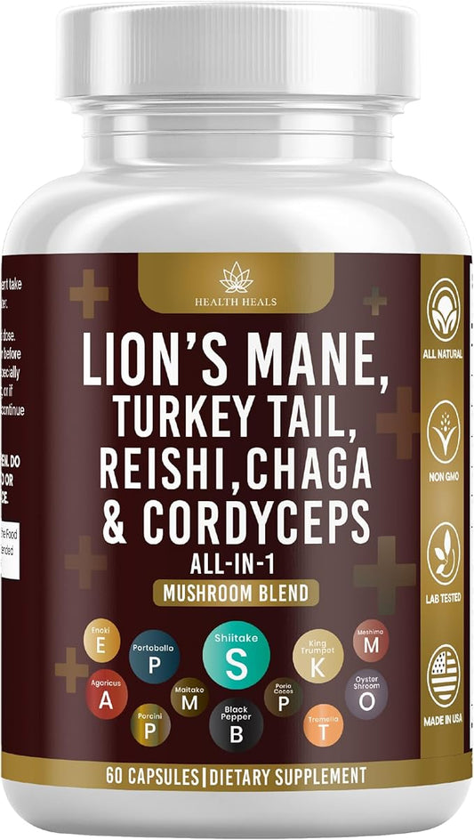 Mushroom Supplement with Lion's Mane Turkey Tail Reishi Cordyceps Chaga Marshmallow Root - 60 Count