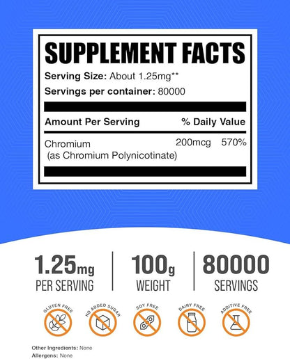 BulkSupplements.com Chromium GTF Powder - Mineral Supplements - Gluten & Yeast Free, 200mcg of Chromium, 1.7mg per Serving, 100g (3.5 oz) (Pack of 1)