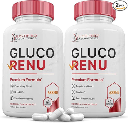 (2 Pack) Gluco Renu 688MG Glyco Support Pills Premium Formula Gluo Renew Glycogen Support Formulated Hawthrone Hibiscus Garlic Junpier Powder Olive Green Tea Extract 120 Capsules