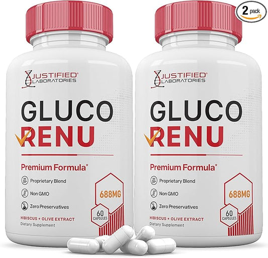 (2 Pack) Gluco Renu 688MG Glyco Support Pills Premium Formula Gluo Renew Glycogen Support Formulated Hawthrone Hibiscus Garlic Junpier Powder Olive Green Tea Extract 120 Capsules