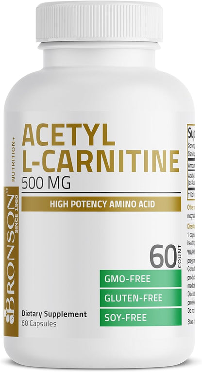 Bronson Acetyl L-Carnitine 500 MG High Potency Amino Acid Non-GMO, 60 Capsules