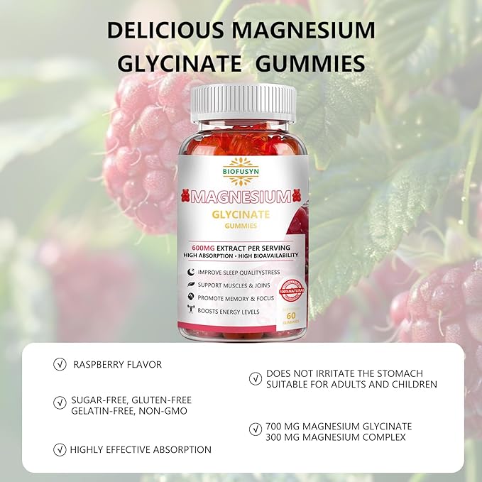 Magnesium Glycinate Gummies 600mg : Sugar-free Gummy Bears With Magnesium, Vitamin D, B6, and CoQ10 for Calm Support & Sleep for Adults & Kids,L-Threonate Multivitamin,Raspberry Flavor 60Count