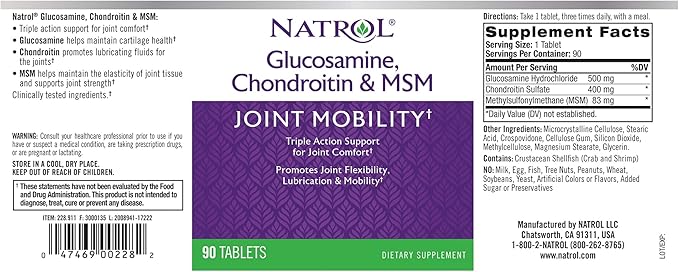 Natrol Glucosamine, Chondroitin and MSM, Joint Mobility, Tablets, 90 Count (Pack of 12)