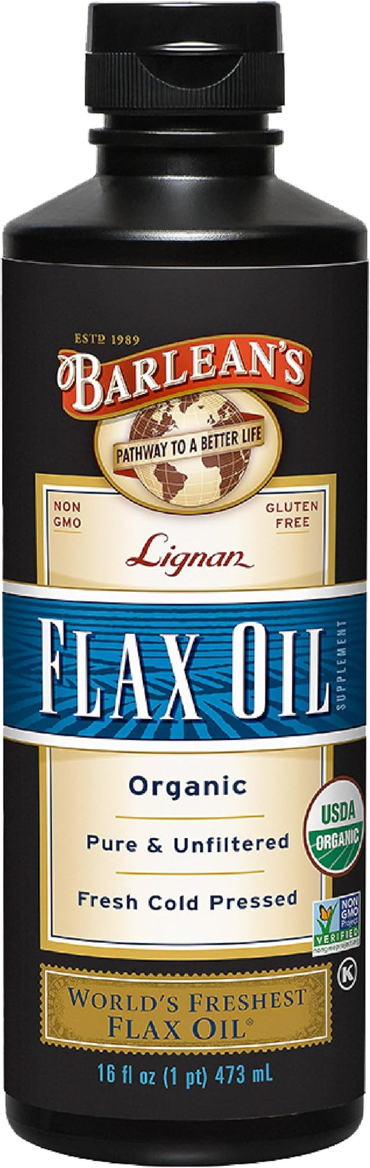 Barlean's Organic Lignan Flaxseed Oil Liquid Supplement from Cold Pressed Flax Seeds - 7,230 mg ALA Omega-3 Fatty Acids for Heart Health, Vegan and Gluten Free, 16 oz
