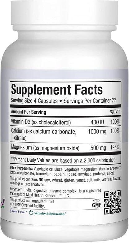 Maxi Health Calcium 1000 mg Supplement with Vitamin D3 (1000 IU) and Magnesium (500 mg) - Bone, Teeth and Joint Support for Men and Women - 90 Capsules