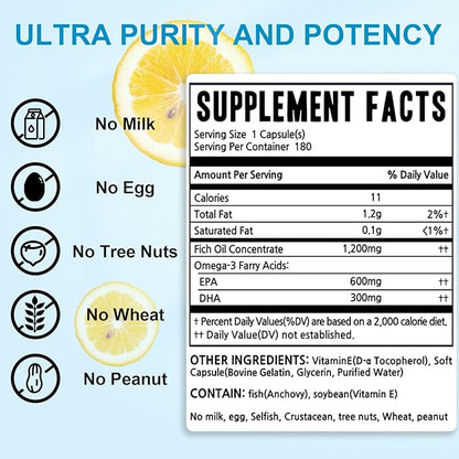 Dr.Brian Omega 3 Fish Oil - 1200 mg |180 Softgels Lemon Flavor rTG Omega3 | EPA & DHA | High Absorption Omega 3 Fatty Acid Supplements for Healthy Heart & Brain -180 Day Supply