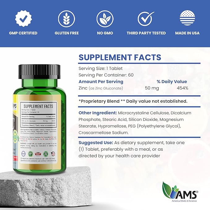 America Medic & Science Chelated Zinc 50 mg Supplements (2 Pack of 60 Tablets) Immune Booster and Powerful Antioxidant Pills for Adults Men and Women | Highly Absorbable Mineral, Improves Mood & Sleep