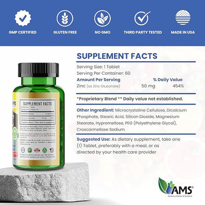 America Medic & Science Chelated Zinc 50 mg Supplements (2 Pack of 60 Tablets) Immune Booster and Powerful Antioxidant Pills for Adults Men and Women | Highly Absorbable Mineral, Improves Mood & Sleep