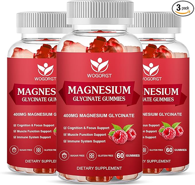 Magnesium Glycinate Gummies - 400mg Magnesium Glycinate Gummies with Vitamin D, B6, and CoQ10, Magnesium Supplement for Relaxation and Cognition, Sugar Free - 60 Raspberry Gummies (3 Pack)