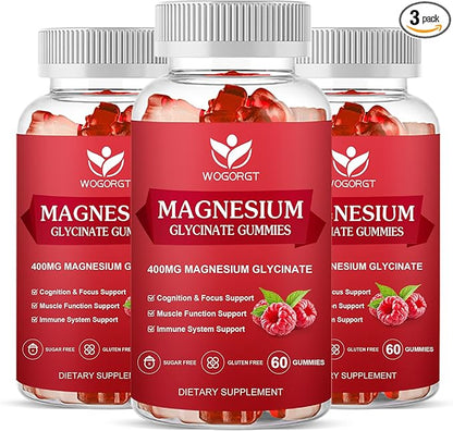 Magnesium Glycinate Gummies - 400mg Magnesium Glycinate Gummies with Vitamin D, B6, and CoQ10, Magnesium Supplement for Relaxation and Cognition, Sugar Free - 60 Raspberry Gummies (3 Pack)
