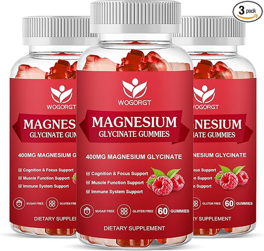 Magnesium Glycinate Gummies - 400mg Magnesium Glycinate Gummies with Vitamin D, B6, and CoQ10, Magnesium Supplement for Relaxation and Cognition, Sugar Free - 60 Raspberry Gummies (3 Pack)