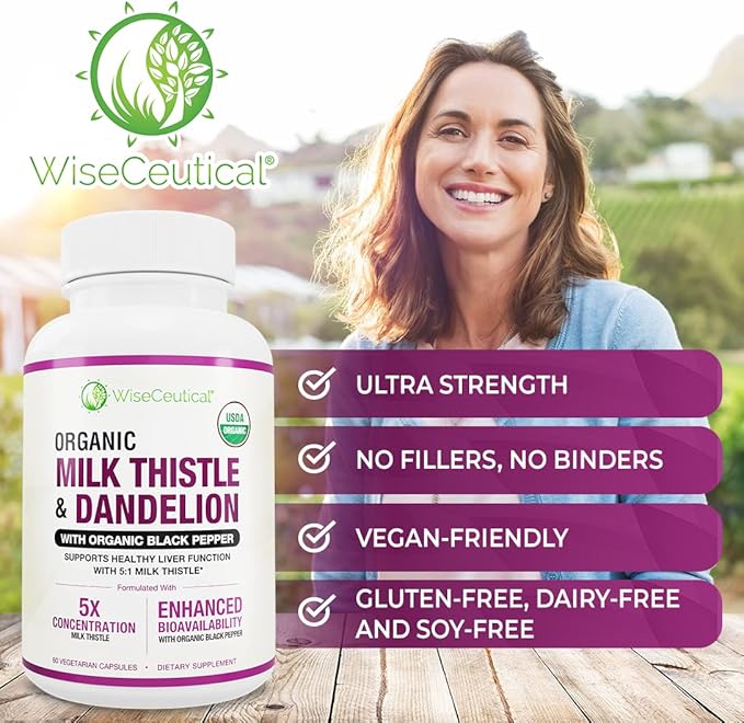 Max Absorption USDA Organic Milk Thistle Potent 5:1 Concentrated Extract (2000mg Strength) & Organic Dandelion Root | Silymarin Antioxidant Flavonoid | Liver Support Supplement (60 Count (Pack of 1))