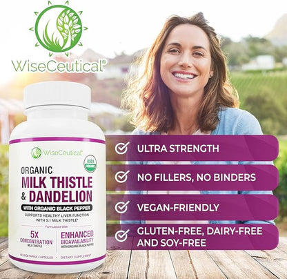 Max Absorption USDA Organic Milk Thistle Potent 5:1 Concentrated Extract (2000mg Strength) & Organic Dandelion Root | Silymarin Antioxidant Flavonoid | Liver Support Supplement (60 Count (Pack of 2))