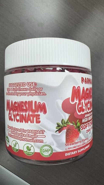 Magnesium Glycinate Soft Chews, Strawberry Flavor.Chewable Sugar Free Potassium Magnesium Chews with Magnesium Glycinate, Vitamin D, B6, and CoQ10 for Calm Support & Sleep for Adults, 60 Days Supply