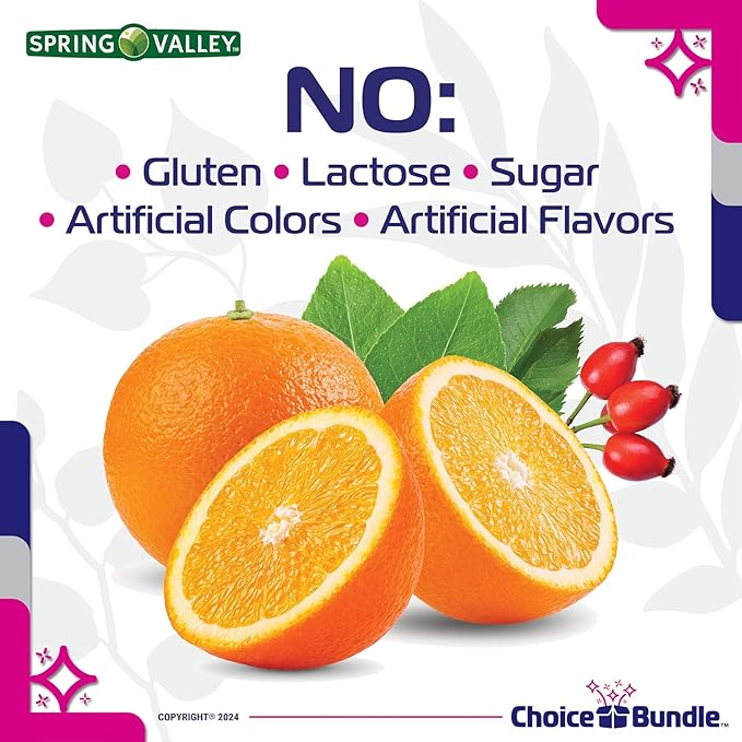 Spring Valley Vitamin C with Rose HIPS Tablets Dietary Supplement 1,000 mg 250 ct 4 pk (1000 Total) + Vitamin Guide & Pill Container (6 Items)!