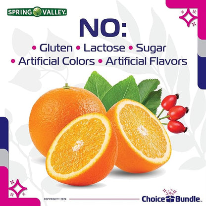 Spring Valley Vitamin C with Rose HIPS Tablets Dietary Supplement 1,000 mg 250 ct 4 pk (1000 Total) + Vitamin Guide & Pill Container (6 Items)!