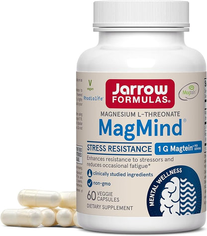 Jarrow Formulas MagMind Stress Resistance with Magtein 1g, L-Theanine and Rhodiolife, Dietary Supplement for Occasional Fatigue and Stress, 60 Veggie Capsules, 30 Day Supply