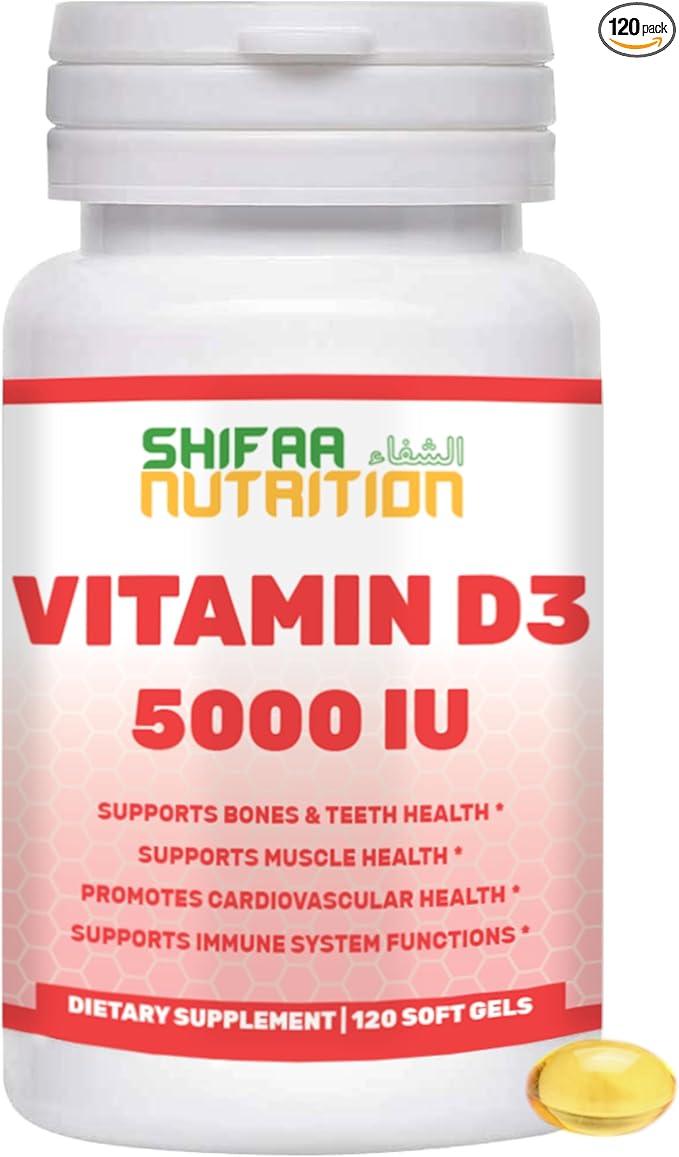 Halal Vitamin D, Halal Vitamin D3, 5000 IU Softgels, 120 Servings. Non-GMO, Gluten-Free, Supports: Structure, Bones, Teeth, Heart, Muscle & Immune Functions