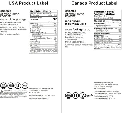 Food to Live Organic Ashwagandha Root Powder, 12 Pounds - Non-GMO, Finely Ground Indian Ginseng, Pure, Raw, Vegan. Easy to Mix. Adaptogenic Herb.