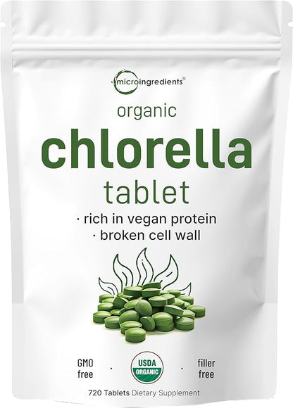 Organic Chlorella Tablets, 500mg Per Tablet, 720 Tabs (360 Grams), 4 Months Supply, Broken Cell Wall, Rich in Vegan Protein & Vitamins, No Filler, No Additives & Non-GMO | Pure Green Algae Superfood