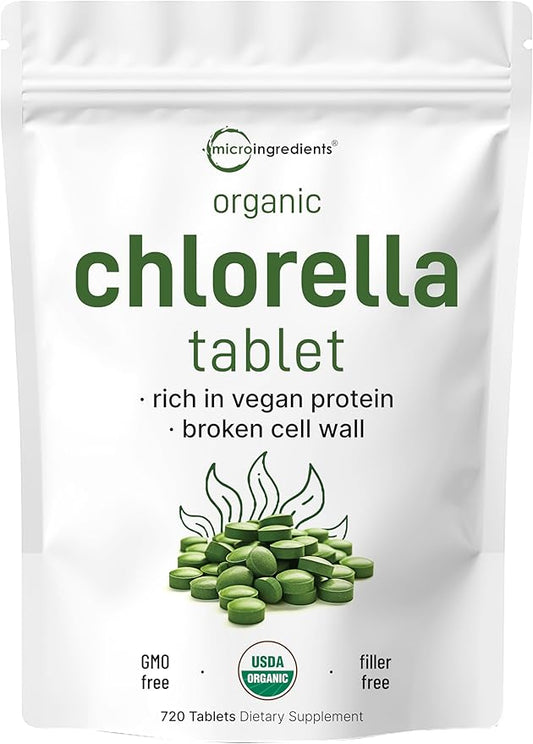 Organic Chlorella Tablets, 500mg Per Tablet, 720 Tabs (360 Grams), 4 Months Supply, Broken Cell Wall, Rich in Vegan Protein & Vitamins, No Filler, No Additives & Non-GMO | Pure Green Algae Superfood