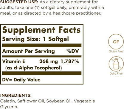SOLGAR Vitamin E 268 mg (400 IU) - 250 Softgels - Naturally-Sourced Vitamin E as d-Alpha Tocopherol - Gluten Free, Dairy Free - 250 Servings
