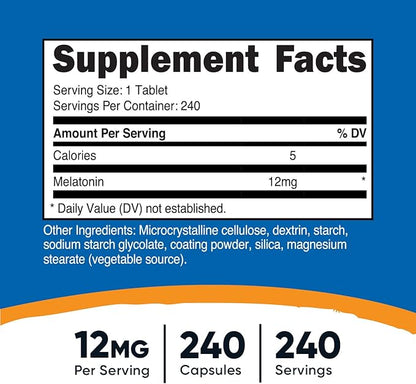 Nutricost Melatonin 12mg, 240 Tablets - 12mg Per Serving, Non-GMO, Gluten Free