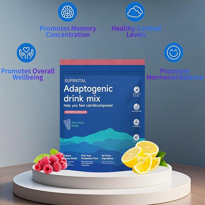 Powdered Drink Mix Calm, Adaptogenic Drink Mix Calm, Raspberry Lemonade, L Theanine,Ksm-66 Ashwagandha, Magnesium Glycinate, Vitamin D3, Relaxation & Focus, No Sugar, Non GMO