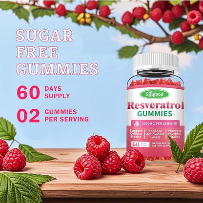 2000mg Organic Resveratrol Gummies for Women - Sugar Free Resveratrol-Nutritional-Supplements for Antioxidant Support, Cellular Health, Immunity, Brain & Energy, Raspberry Flavor, 120 Count