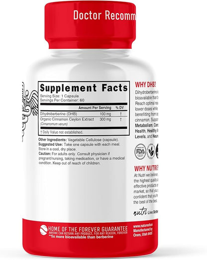 Nature's Fusions Dihydroberberine Supplement 100mg 60 Capsules - with Ceylon Cinnamon - 5X More Effective Than Regular Berberine HCL